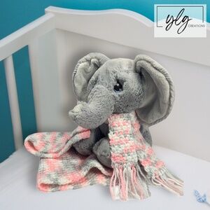Baby Lovey Small Security Blanket Soft Pink White Gray Crochet Elephant with Sca
